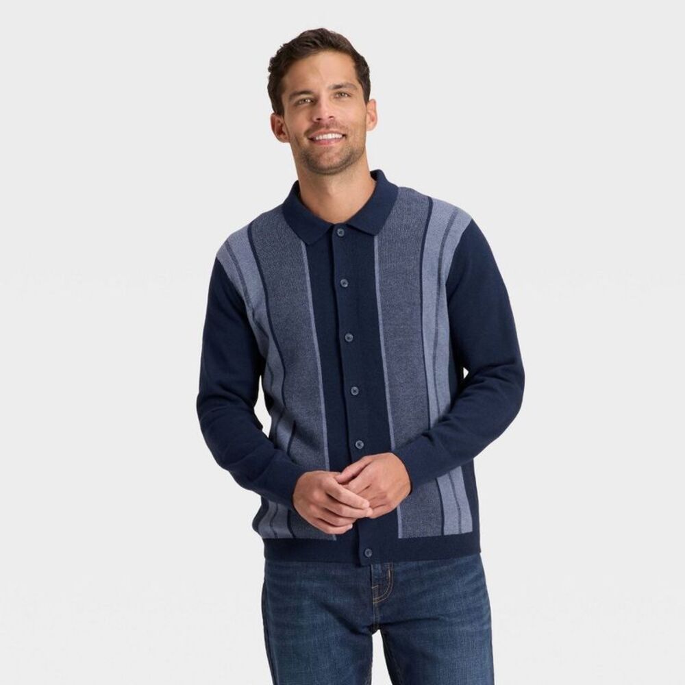 Men's Long Sleeve Jacquard Full Button Polo Sweater - Goodfellow & Co Blue XL